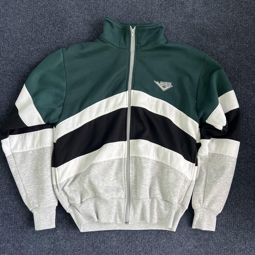 Vintage Pony Track Jacket Mens Large Green Gray‎ Colorblock Full Zip Fleece 80s
